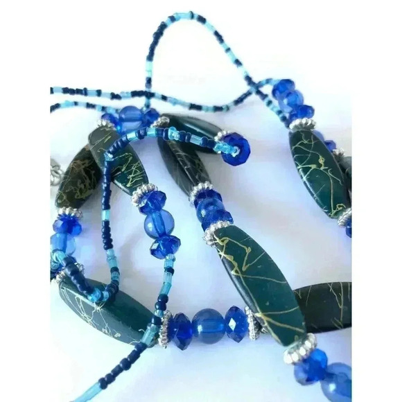 Blue Beaded Necklace Multi Strand Green Faceted 24" - Picture 8 of 8